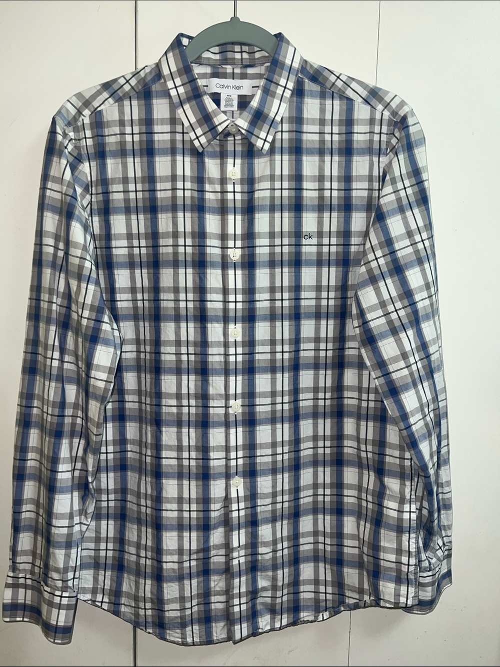 Calvin Klein Men’s Blue White & Grey Plaid Button-Down Shirt Size M